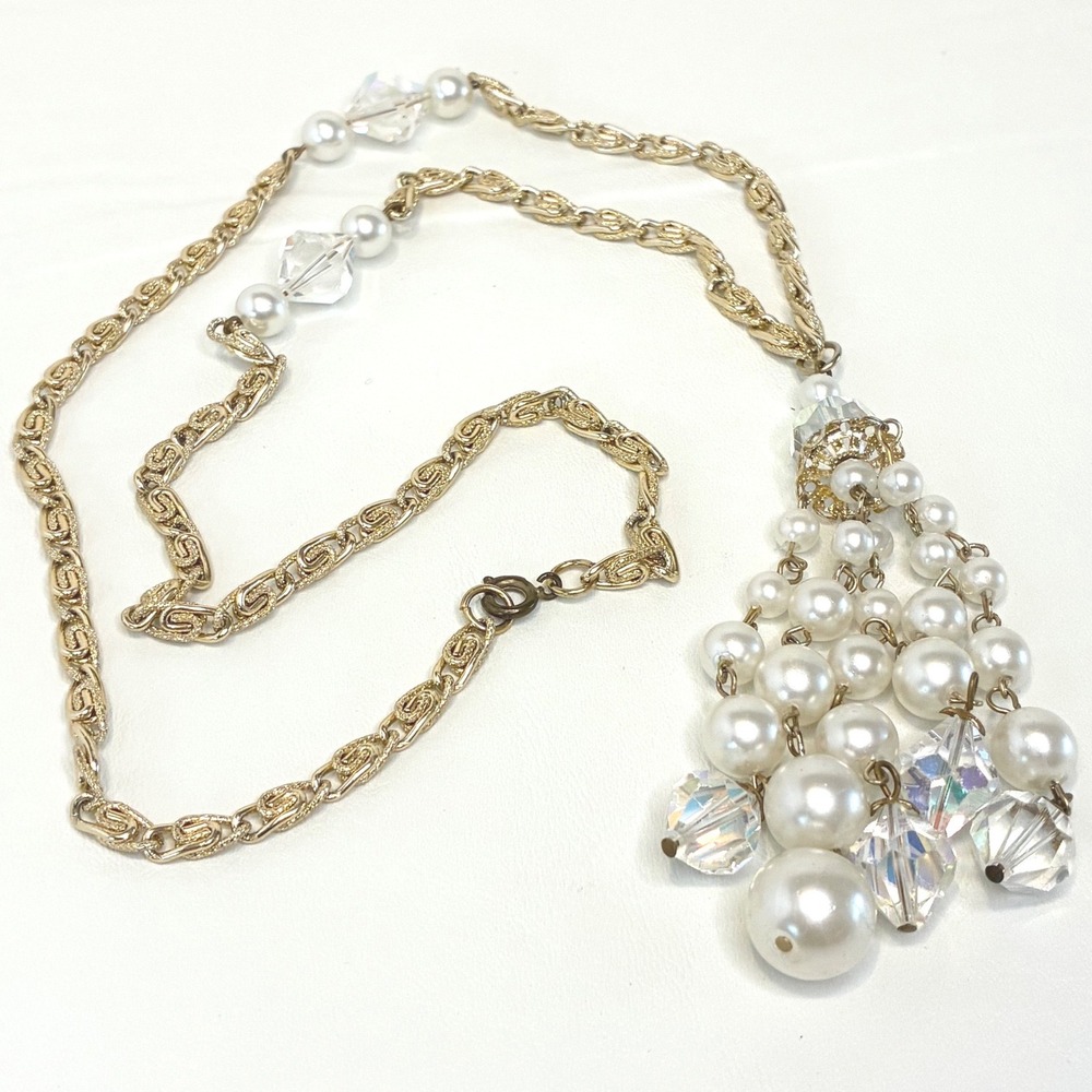 Vintage Necklace Gold Tone Faux Pearl Aurora Borealis Crystal Tassel Pendant